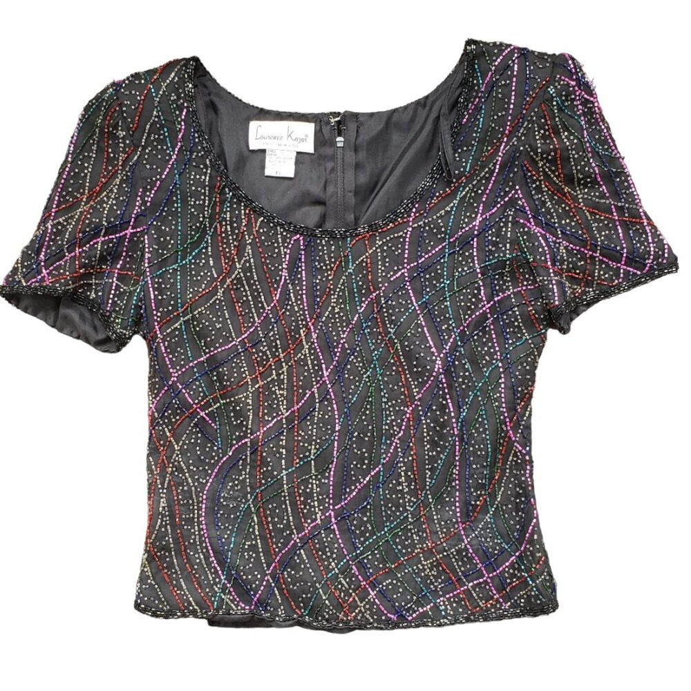 Vintage Silk Beaded Top Laurence Kazar Womens Petite Small Black